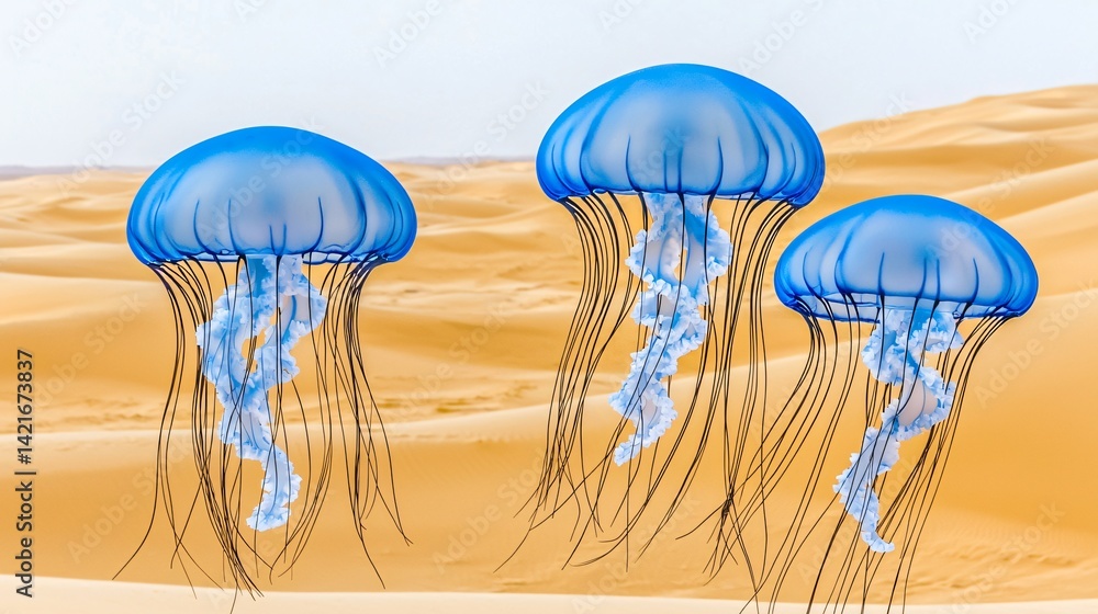 Poster a captivating image of jellyfish floating gracefully in a surreal desert landscape creating a unique