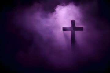 Obraz premium Christian Cross in Purple Mist – Symbol of Faith and Spiritual Reflection