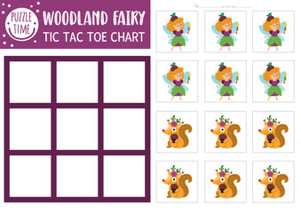 Vector fairyland tic tac toe chart with cute fairy and squirrel. Woodland princess board game playing field with fantasy character. Funny printable worksheet. Magic forest noughts and crosses grid