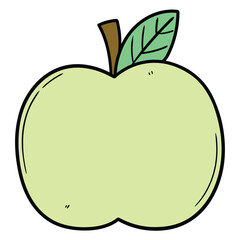 Hand drawn cartoon green apple with green leaf on white background.
