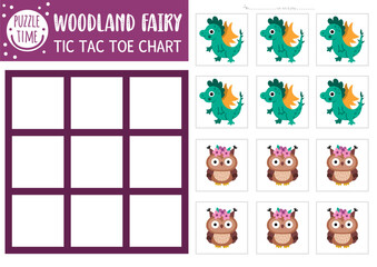Vector fairyland tic tac toe chart with cute dragon and owl. Woodland creatures board game playing field with fantasy character. Funny printable worksheet. Magic forest noughts and crosses grid