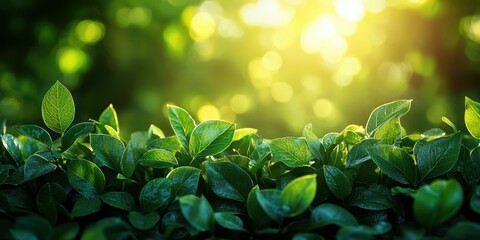 Lush green leaves shimmer in sunlight during a serene morning in a vibrant outdoor setting