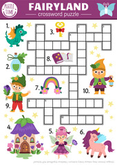 Vector fairyland crossword puzzle for kids. Simple quiz with fairy, elf, dragon, unicorn, dwarf, house, rainbow for children. Cute woodland educational cross word activity with magic creatures
