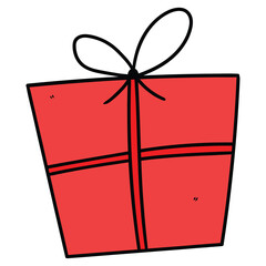 Hand drawn cartoon red gift box on white background.