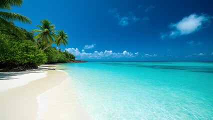 Naklejka premium A picturesque beach features soft white sand along the shoreline, vibrant tropical trees framing the landscape, and tranquil turquoise water under a bright blue sky.