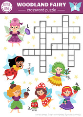 Fototapeta premium Vector fairyland crossword puzzle for kids. Simple quiz with cute flower, bug, acorn, swamp, berry fairy for children. Cute woodland educational cross word activity with magic creatures