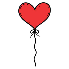 Hand drawn cartoon red heart shaped balloon on white background.