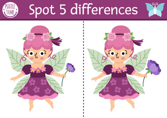 Find differences game for children. Fairyland educational activity with cute flower fairy. Magic forest puzzle for kids. Fairytale printable worksheet, page for logic, attention with fantasy girl