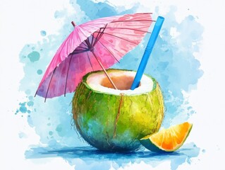 In a bright and vibrant setting, a tropical beach is the ideal location for a playful coconut drink illustration