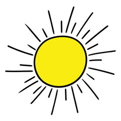 Hand drawn cartoon yellow sun on white background.
