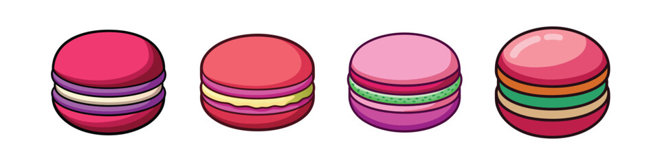 Four colorful macarons showcasing a variety of unique flavors and textures
