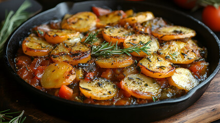 Ratatouille with vegetables and herbs served in a cast iron skillet