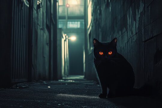 Mysterious black cat with glowing eyes in dark urban alley at night