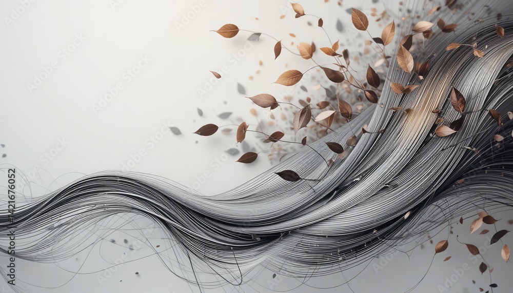Poster dynamic flow of leaves and hair abstract art minimalist design studio environment close-up view natu