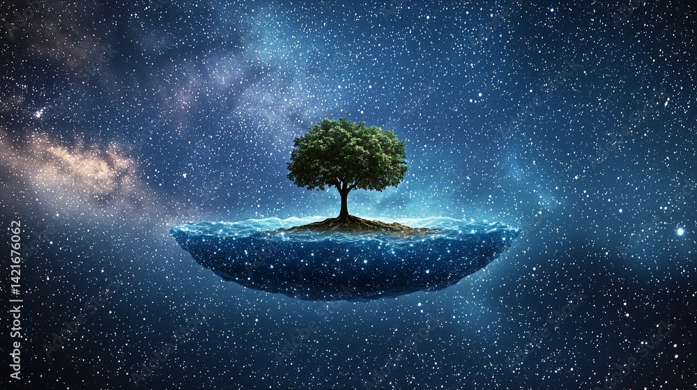 Poster enchanting tiny floating island with a single tree drifting gracefully through a dreamlike sky surro
