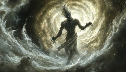 Abstract entity emerging from a turbulent cosmos, bathed in ethereal light