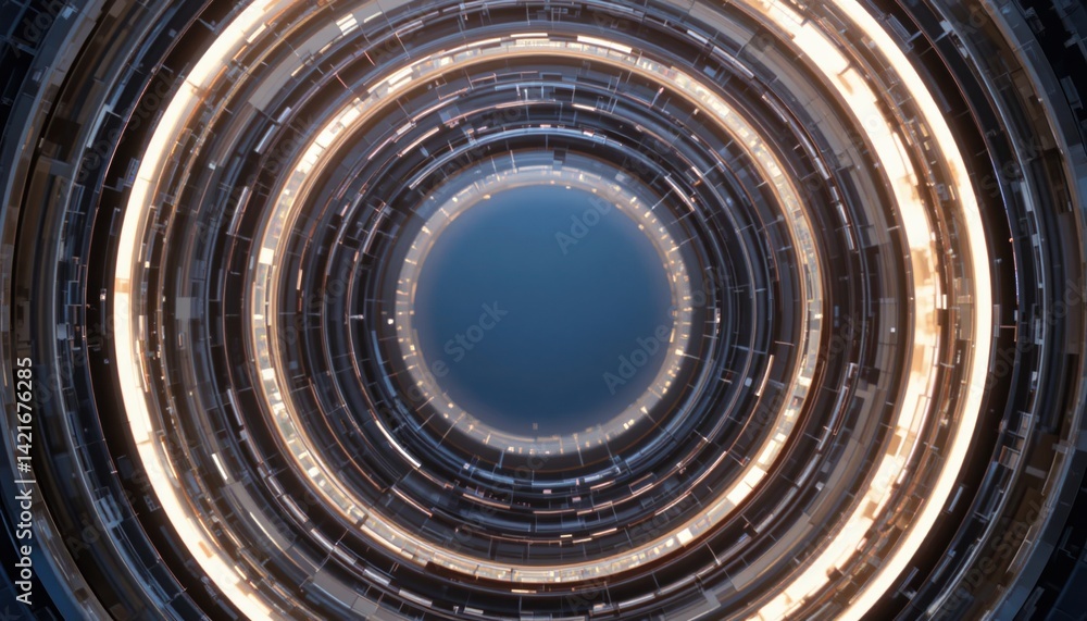 Poster exploring advanced technological structures futuristic facility digital art circular environment aer
