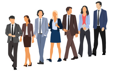 Obraz premium Set of young men and women, different colors, cartoon character, group of silhouettes of walking business people, design concept of flat icon, isolated on white background