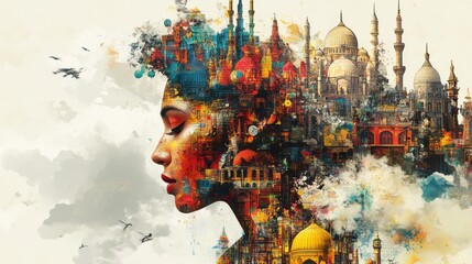Profile of a woman overlaid with colorful cityscape