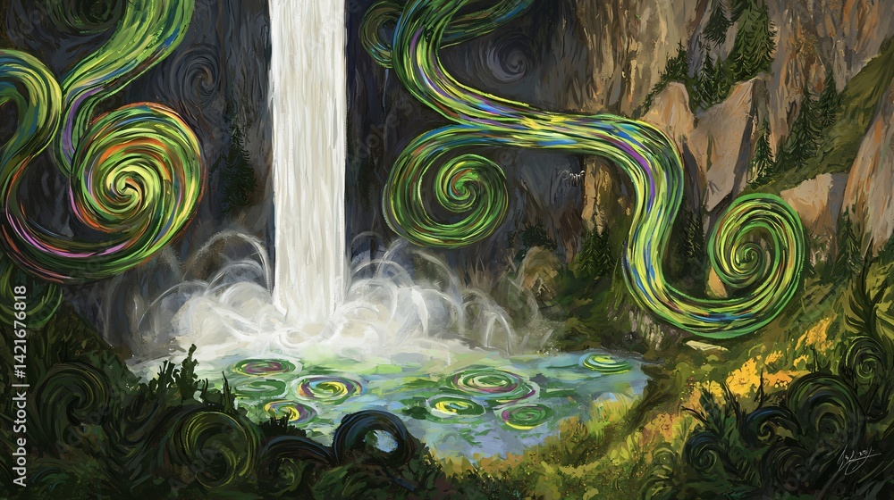 Poster towering waterfall cascading into a crystal-clear lake with another waterfall in the background crea