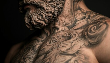 Intricate body art showcasing tattooed torso with baroque-style patterns and muscular form