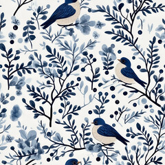 Blue Winter Birds and Branches Seamless Pattern – Watercolor Woodland Foliage on Light Background