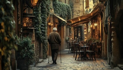 Naklejka premium Solitude in a Picturesque Italian Street: An Elderly Man's Tranquil Walk Through History