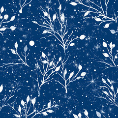 Elegant Snowy Branches Seamless Pattern – White Silhouettes on Midnight Blue Winter Background