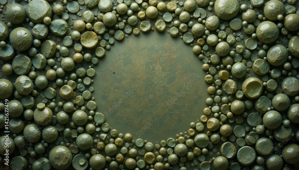 Poster exploring circular patterns in green textures abstract art studio setting close-up view organic desi