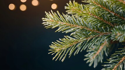 Snowy pine branch, lights bokeh