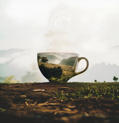 Steaming Coffee Cup with Embedded Landscape – Symbol of Sustainability, Tranquility, and Nature’s Brew