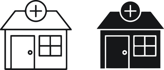House with Plus Sign Icons: Minimalist Line Art for Real Estate and Growth Graphics
