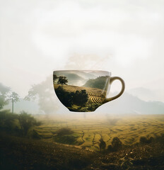 Tea Cup with Scenic Fields – Conceptual Blend of Nature, Farming, and Mindfulness