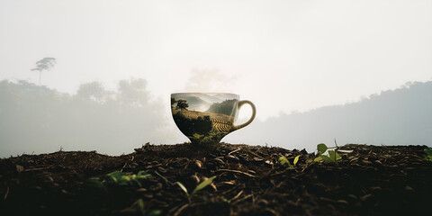 Coffee Cup with Scenic Landscape Inside – Symbolic Harmony Between Nature and Daily Ritua