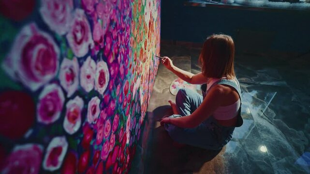 Professional artist painting intricate floral mural with precise brush strokes, creating colorful design on large wall inside dim studio workspace, showcasing creative artistic process