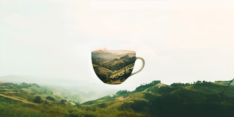 Surreal Tea Cup with Scenic Landscape – Conceptual Fusion of Nature and Tranquility