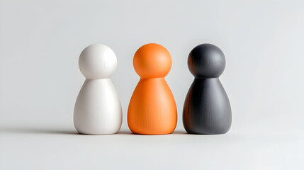 Three Wooden Pegs in White Orange and Black Representing Diversity and Inclusion