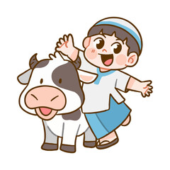 Happy Little Boy with Cheerful Cow Celebrating Eid al-Adha