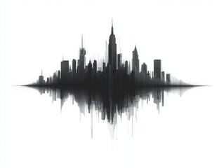 Digital artwork depicting the silhouette of a modern city skyline in an urban landscape at night