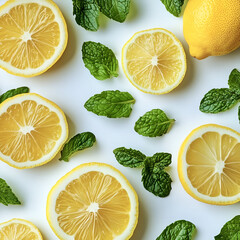 Fresh Lemon Slices and Mint Leaves on White Background – Vibrant Citrus and Herb Concept