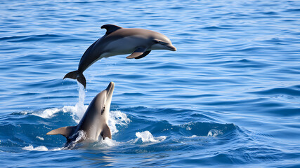 Bottlenose dolphin leaping out of the blue water onto their backs Generative AI