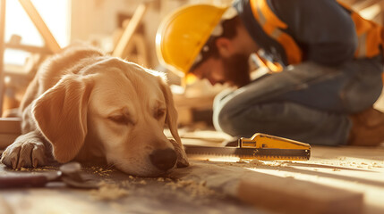 Dog Resting on Woodwork with Carpenter in Background
