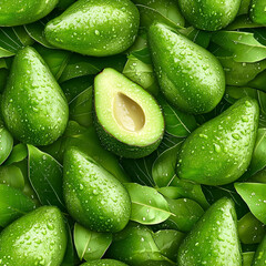 Fresh Green Avocados with Water Droplets on Lush Leaves – Organic Healthy Food Seamless Background