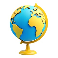 Cute blue yellow globe model on white background 3D render