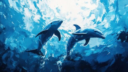 Obraz premium Dolphins playing in a captivating turquoise seascape underwater painting