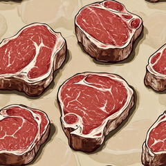 Seamless  Illustration of Raw Beef Steaks on Neutral Background