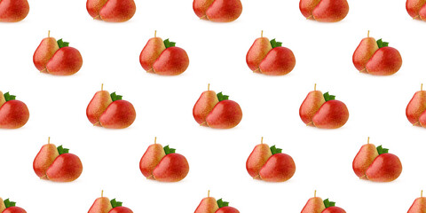Seamless pattern of fresh ripe red pears with green leaves on white background