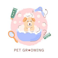 Pet care, dog grooming. A cute dog bathes in a bubble bath, a set of accessories for pet care, a hair dryer, a cream, a mirror, a brush. Cosmetic products for animals, for branding, banners, postcards