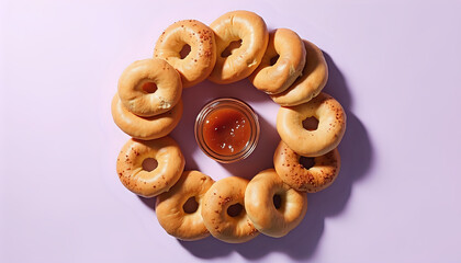 Naklejka premium A circle of bagels arranged in a circle on a purple surface.