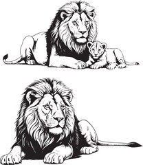 hand -drawn black and white illustration, a lion sitting with its cub, another lion sitting alone